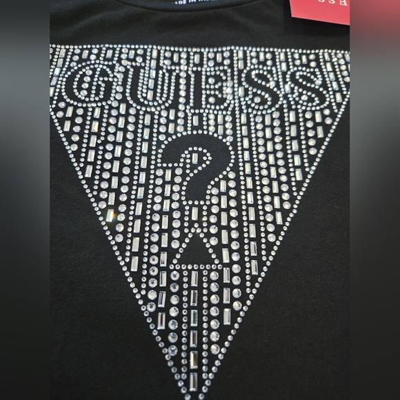 GUESS T-Shirt Women's Black Rhinestone Bling Triangle Logo Large NEW - Picture 11 of 13